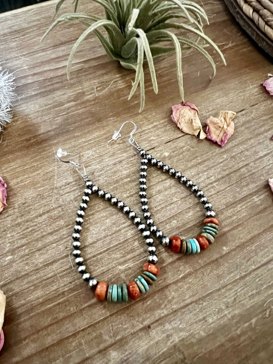 Sterling Silver Pearl Teardrop Earrings with Turquoise and Coral