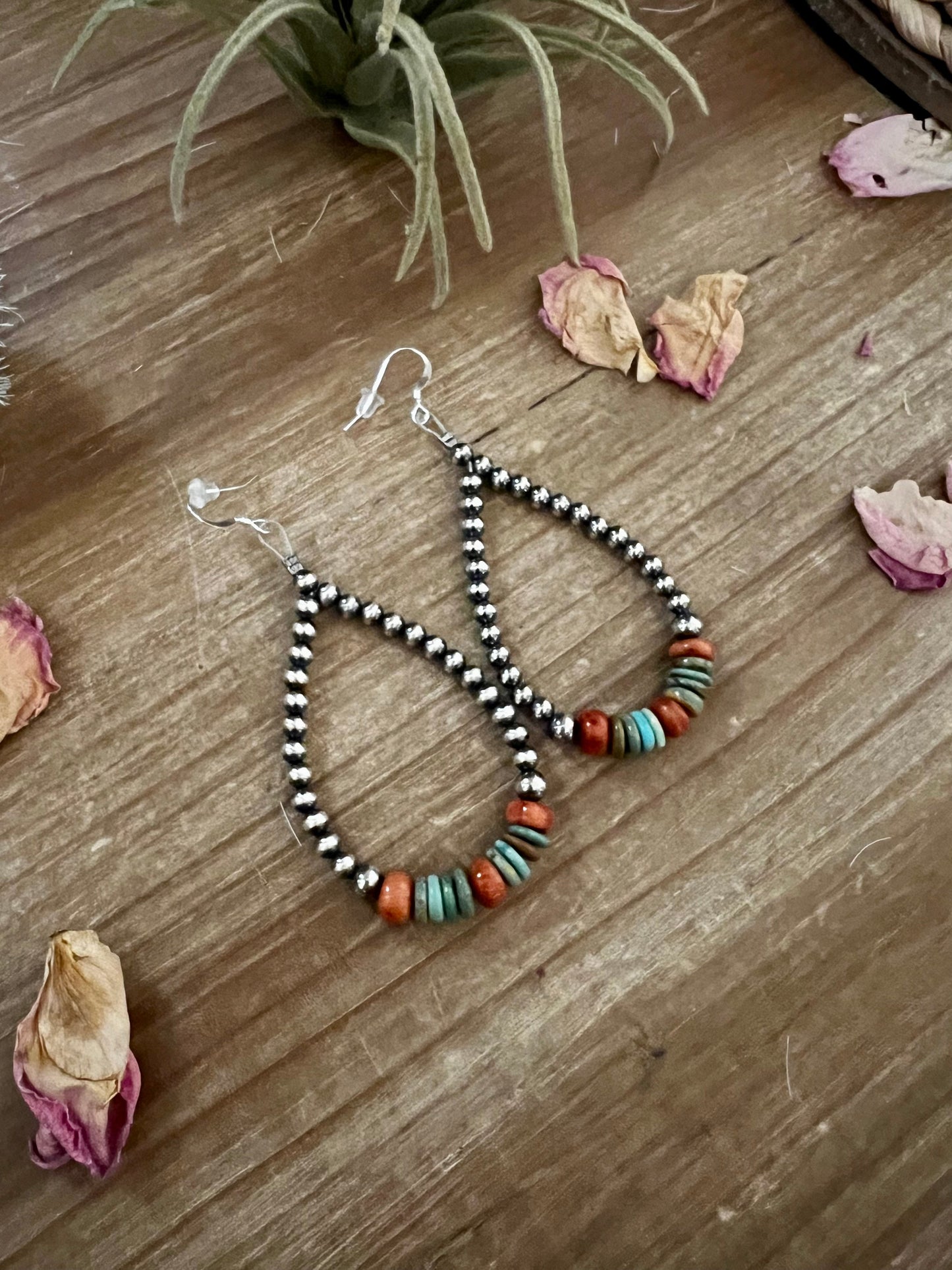 Sterling Silver Pearl Teardrop Earrings with Turquoise and Coral